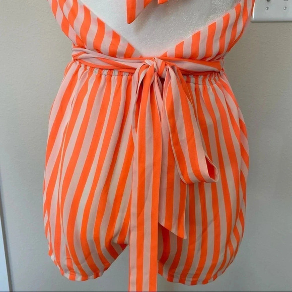 CALS Orange and White Stripped Romper Shorts with Pockets and Plunging V Neck S - Picture 8 of 13